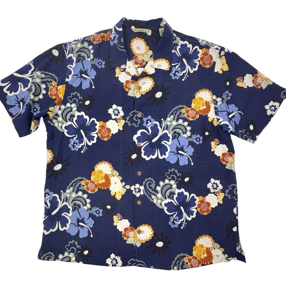 Tommy Bahama 100% Silk Hawaiian Camp Shirt XL Blue Floral Tropical Aloha